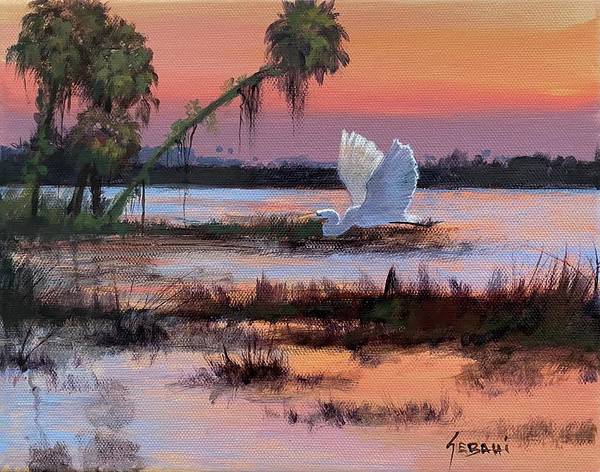 Egret at Sunset over the Marsh Art Print - Art Print