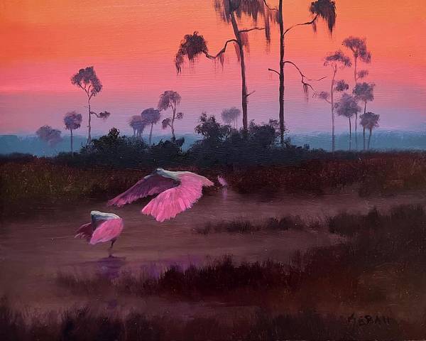 Spoonbills on the Marsh Landscape Art Print  - Art Print